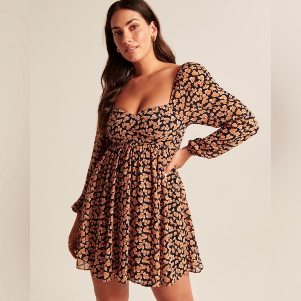 Abercrombie & Fitch Babydoll Navy and Orange Floral Long Sleeve Dress